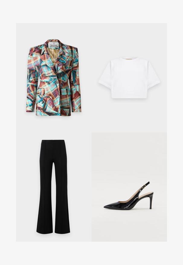 Dubbelknäppt kavaj med ett rutmönster i rött, gult och turkos, med spetsiga slag, två framfickor och knappdetaljer.; Klippt vit t-shirt tillverkad av mjukt tyg, med korta ärmar, rund halsringning och ribbade kantdetaljer. Enkel och utan prål design.; Svarta vida byxor med hög midja, tillverkade av elastiskt tyg. Har vertikala sömmar framtill och en jämn yta.; Svart patenterat läder slingback pumps med spetsig tå, smal klack och en subtil utskärning. Har en guldbuckle på remmen.