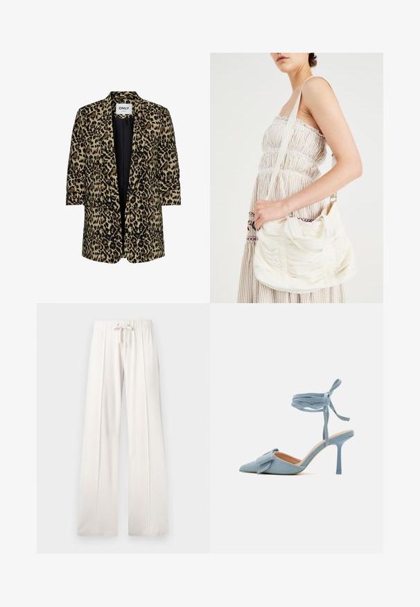 Leoparda raksta jaka beigu, melnā un brūnā krāsā. Atvērta priekšpuse ar īsām piedurknēm un divām frontālajām kabatām. Gluda auduma tekstūra.; Balts bez piedurknēm tops ar apaļu kakla izgriezumu. Izgatavots no gludas auduma, tam ir brīvs piegriezums un minimālistisks dizains. Nav nekādas rakstainības vai akcentu.; Gai krēmo krāsas sporta bikses, kas izgatavotas no mīksta auduma, ar auklu jostu, platām kājām un vertikālajām šuvēm, ar gludu tekstūru.; Zilnīšu augstpapēžu kurpes ar norādītu purngalu, izgatavotas no gaiši zilas auduma ar teksturētu apdari, ar loku akcentu un potītes siksniņu drošai piestiprināšanai.; Balta auduma plecu soma ar savelku tekstūru, regulējamu siksnu un sudraba furnitūru. Izvietota blakus krēmkrāsas kleitai.