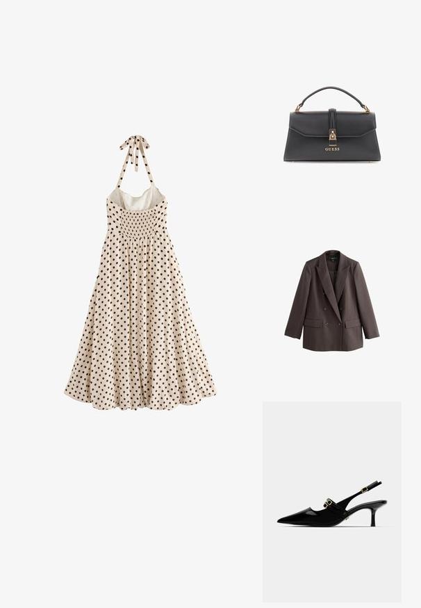 Rjav dvoredni blazer z odrezanim kragnom, dvema sprednjima žepoma in gumbnimi poudarki, izdelan iz gladkega, teksturiranega blaga.; Bela obleka brez rokavov ima črne pikice, nabran korzet in trak okoli vratu, pada do razširjenega roba.; Črne lakaste slingback pete s koničastim nosom, ki imajo dvojne zlate zaponke in vitko stiletto peto.; Črna torbica iz umetnega usnja z strukturirano obliko, zlatim okovjem, zgornjim ročajem in sprednjim sponko, ki nosi logotip "GUESS".