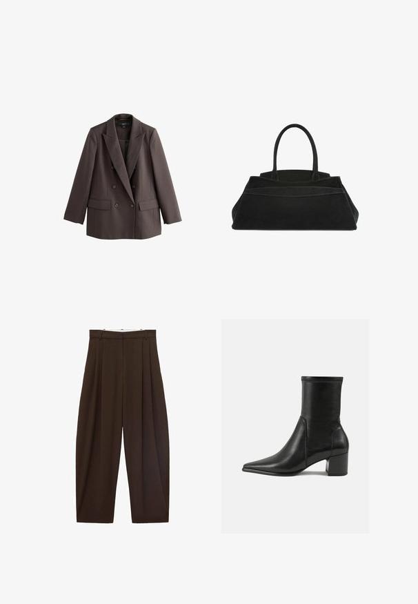 Blazer marrone doppiopetto con revers a scapo, due tasche frontali e dettagli con bottoni, realizzato in un tessuto liscio e texturizzato.; Blusa a maniche lunghe a righe verticali beige e bianche con frontale a bottoni e colletto a fiocco annodato, orlo arrotondato e polsini aderenti.; Pantaloni marroni a vita alta con pieghe, realizzati in tessuto morbido. Vestibilità ampia, design a gamba dritta, dotati di passanti per cintura e chiusura con zip.; Stivale alla caviglia nero in pelle liscia, con punta appuntita, tacco a blocco e cuciture raccolte distintive lungo il bordo superiore.; Borsa in suede nera con doppi manici superiori, design strutturato, dettagli di cucitura prominenti e una silhouette spaziosa per un uso versatile.