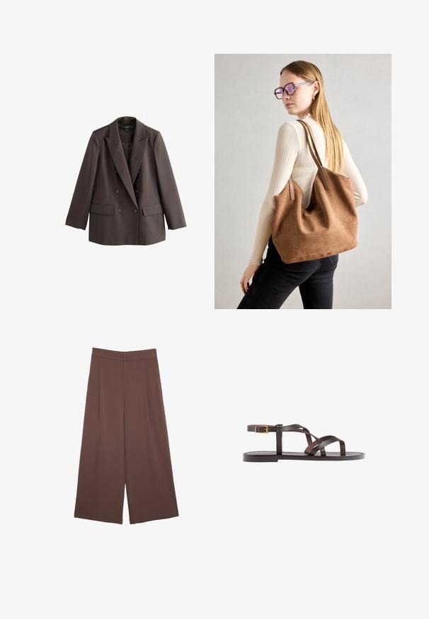 Bruine double-breasted blazer met een notch-revers, twee voorzakken en knoopaccenten, gemaakt van een gladde, gestructureerde stof.; Bruine katoenen t-shirt met korte mouwen en een diepe V-hals. Eenvoudig ontwerp, zachte textuur en rechte zoom. Geen patronen of accenten.; Bruine wijde broek met een gladde textuur, voorzien van een hoge taille en plooien aan de voorkant. De stof is lichtgewicht en valt losjes.; Bruine leren sandaal met kruisingen van banden, een enkelgesp-sluiting en een platte zool met minimale stikdetails.; Bruine suède totebag met zachte textuur, grote opening en lange hengsels. Het heeft een eenvoudig ontwerp met zichtbare stiksels en geen hardware.