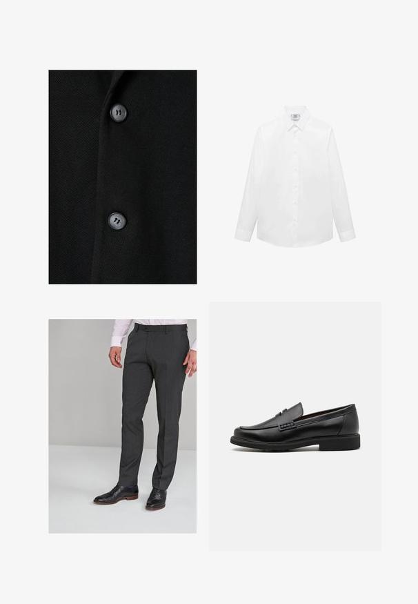 Indumento in tessuto nero con una superficie liscia, caratterizzato da due bottoni neri e da un delicato motivo tessuto. Progettato con una forma classica e sartoriale.; Camicia bianca a maniche lunghe realizzata in tessuto liscio, con colletto classico, chiusura frontale a bottoni e orlo curvo. Design minimalista senza motivi.; Pantaloni grigi su misura con una texture liscia, dotati di una parte frontale piatta e passanti per cintura, abbinati a scarpe eleganti nere.; Mocassini sintetici neri con una spessa cucitura frontale, soletta imbottita e suola piatta in gomma; design elegante con dettagli minimi.