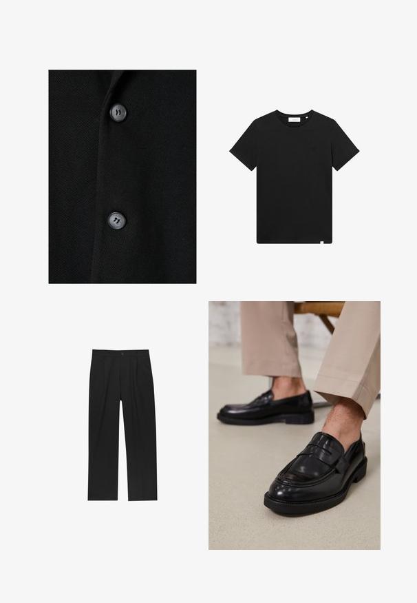 Czarna tkanina odzieżowa o gładkiej fakturze, z dwoma czarnymi guzikami i subtelnym wzorem tkanym. Zaprojektowana w klasycznym, dopasowanym kroju.; Czarna koszulka z krótkim rękawem wykonana z bawełny, z okrągłym dekoltem i małym logo haftowanym na piersi. Gładka tekstura, standardowy krój.; Czarne spodnie o prostym kroju, wykonane z gładkiego materiału. Posiadają zakładki z przodu i pojedyncze zapięcie na guziki w pasie.; Czarne skórzane mokasyny o gładkim wykończeniu, z dekoracyjnym paskiem i kontrastowym szwem, w połączeniu z beżowymi spodniami.