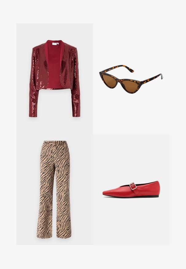 Burgunderfarget kort jakke dekket med paljetter, med sjalkrage og lange ermer. Glatt innerfôr uten lukking.; Svart bluse med lange ermer, laget av gjennomsiktig stoff, med volanger langs fronten og blonder detaljer på kragen og mansjettene.; Bredde bukser med tigerstripe-mønster i nyanser av brun og svart, med standard midje og fem lommer.; Røde lærflatsko med spiss tå, med en sidespenne med metallspenne og en lav svart hæl. Glatt tekstur gjennom hele skoen.; Kattøye solbriller med en svart og oransje skjellramme, brune linser og elegante, spisse tupper. Har en minimalistisk logo på stangen.