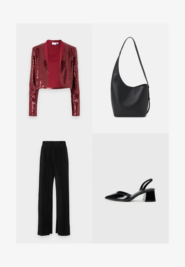 Burgundy cropped jacket covered in sequins, featuring a shawl collar and long sleeves. Smooth inner lining with no fastenings.; Set of two long-sleeve tops in white and black. Ribbed texture, round neck, fitted design with slightly flared sleeves.; Black pleated trousers with an elastic waistband. Features wide legs and a smooth, textured fabric with vertical stripes.; Black patent leather slingback heels with a pointed toe and a geometric block heel. Features a sleek, minimal design and smooth texture.; Black leather hobo bag with a smooth texture, curved shape, and single adjustable strap; features a wide opening at the top.