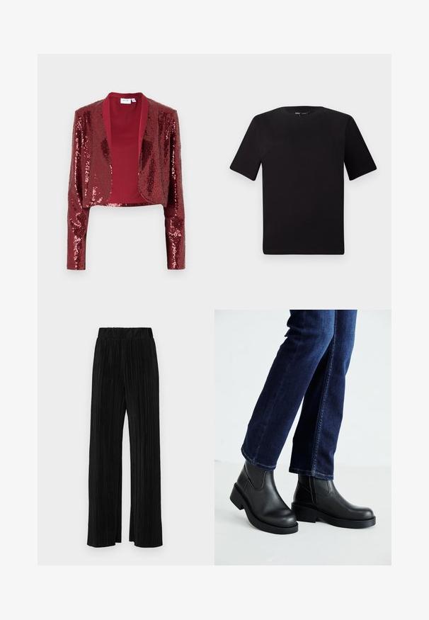 Burgundijas krāsas īsais žakets, kas pārklāts ar mirdzošiem sekvīniem, ar šallītes apkakli un garām piedurknēm. Gluda iekšējā oderējums bez aizdariem.; Melnas īsām piedurknēm T-krekls ar apaļu kakla izgriezumu, izgatavots no mīksta kokvilnas auduma. Vienkāršs dizains, bez redzamām logo vai rakstiem.; Melni plīšu bikses ar elastīgu jostu. Tām ir platākas kājas un gluda, teksturēta auduma ar vertikālām svītrām.; Melnas ādas potīšu zābaki ar masīvu zoli un sānu elastīgām daļām, kombinēti ar tumši ziliem džinsiem. Zeme ir gaišā krāsā.