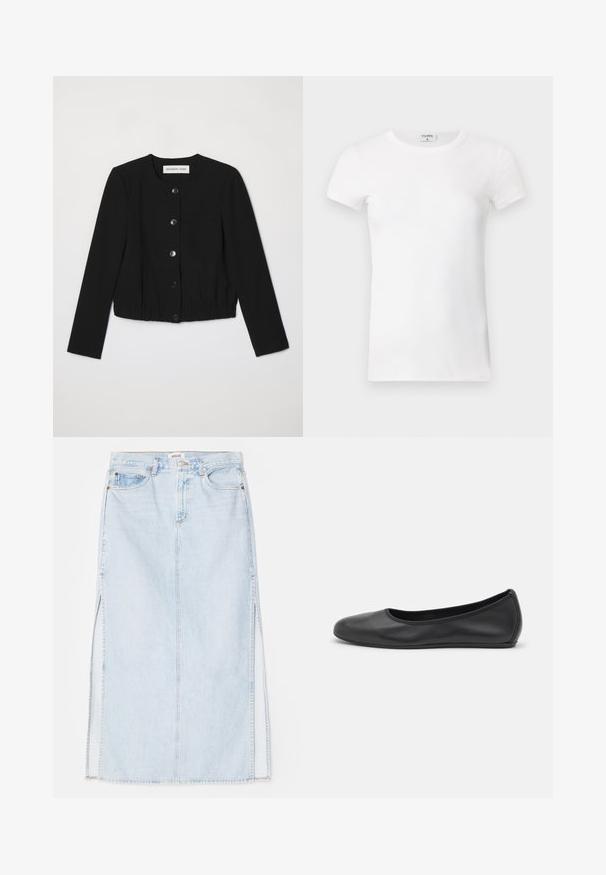 Black cropped jacket made from smooth fabric, featuring a round neckline, front button closure, and a single chest pocket. Elasticated hem.; White ribbed short-sleeve T-shirt with a crew neck. The fabric appears smooth with a fitted silhouette. Branding label visible at the collar.; Light blue denim maxi skirt with a straight cut, featuring side slits and five-pocket design. Prominent stitching and metal button closure.; Black leather ballet flat with a rounded toe, smooth texture, minimal stitching detail, and a flexible sole design.