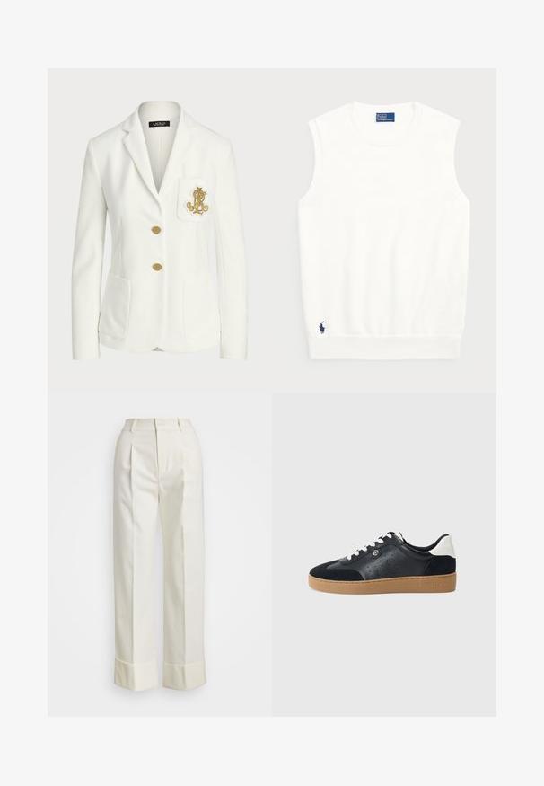 Baltas švarkas, pagamintas iš tekstūruoto audinio, su pritaikytu siluetu, turintis auksines sagas ir dekoratyvinį auksinį siuvinėtą logotipą ant kišenės.; Balta be rankovių liemenė, pagaminta iš lygios medvilnės, su raukštu apvadu ir mažuoju tamsiai mėlynu logotipu apatiniame kairiajame kampe. Paprastas dizainas, be raštų.; Baltos pritaikytos kelnės su aukštu liemeniu, dvigubomis priekinėmis raukšlėmis ir plačiomis kojomis su sulenktais kraštais. Pagamintos iš glotnaus, tekstūruoto audinio.; Juodas odinis ir zomšinis sportinis batelis su šviesiai rudu guminiu padu. Yra baltos raišteliai ir mažos perforacijos šonuose. Michael Kors logotipas.