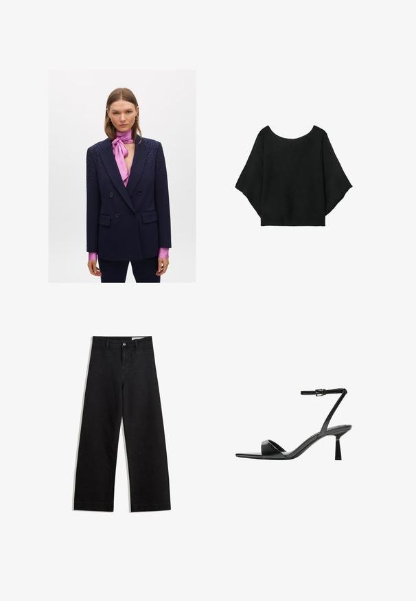 Námořnický dvouřadý blazer s ozdobami na ramenou, se světle růžovým saténovým šálem na krk a dlouhými rukávy se světle růžovými manžetami.; Černý pletený top s širokými rukávy, kulatým výstřihem a volným střihem. Tkanina má žebrovanou texturu, bez zapínání nebo vzorů.; Černé denimové kalhoty s volným střihem a vysokým pasem, vybavené předními a zadními kapsami, prošívanými švy a knoflíkovým zapínáním. Hladká textura.; Bershka Sandály na vysokém podpatku - black