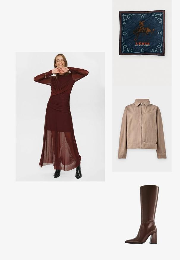 Bež bombažna jakna s ovratnikom, sprednjim zadrgo in dolgimi rokavi. Ima teksturirano tkanino in majhno oznako logotipa na robu.; Dolg burgundski plašč iz prosojnega in gladkega materiala, ki ima zavit korpus, gube in prosojne dolge rokave.; Bershka Škornji - dark red; Mornarska svila šal s grafikonom rjavega konjskega jahača, okrasnim modrim vrvnim vzorcem in napisom "LEVI’S NOŠEN OD VSEH KAVBOJEV" v rdeči barvi.
