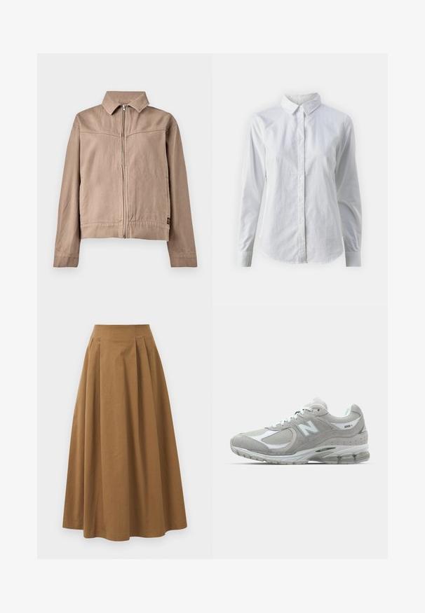 Kohvi värvi puuvillane jope, millel on krae, ees lukk ja pikad varrukad. Omab tekstuurset kangast ja väikest logo sildit allääres.; Valge nööpidega särk, mis on valmistatud siledast puuvillast. Särgil on klassikaline krae, pikad varrukad ja kaarduv äär. Nöödid on väikesed ja valged.; Pruun puuvillane A-line seelik kõrge vöökohaga, millel on voldid ees ja sile tekstuur. Pika serva viimistlus on puhas ja lihtne.; Heled hall New Balance 2002R jooksujalats on varustatud nahast ja võrkkatetega ülemise osaga, valgete detailide ning pehme tald ja nähtava pehmendustehnoloogiaga.