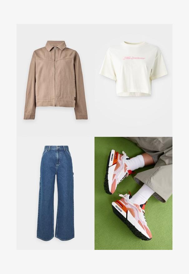 Beige bomullsjakke med krage, frontglidelås og lange ermer. Den har en teksturert stoff og en liten merkelapp nederst.; Beskåret kremfarget t-skjorte laget av bomull. Har en rosa brodert logo med teksten "Nike Sportswear." Korte ermer og rund hals.; Videbeinete blå denimbukser med høy midje, kontraststing, og sidelommer, med et klassisk fem-lommers design og rå kanter.; Nike Sportswear AIR MAX FURYOSA NRG - Joggesko - sail/black/phantom/platinum violet/terra blush/cosmic clay
