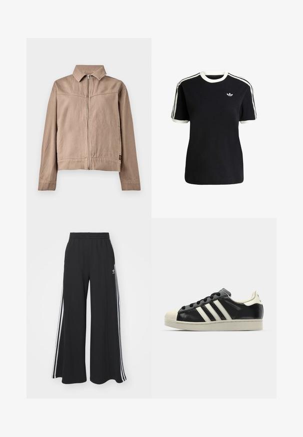 Tan cotton jacket with a collar, front zipper, and long sleeves. Features a textured fabric and a small logo tag at the hem.; Black cotton t-shirt with white accents on the collar and sleeves, featuring three white stripes on each shoulder and a small logo on the chest.; Black wide-leg sweatpants with an elastic waistband, featuring white side stripes and an embroidered logo on the left thigh.; Black leather sneaker with white stripes, rubber toe cap, black laces, and a cream-colored outsole. Smooth texture with shiny finish.