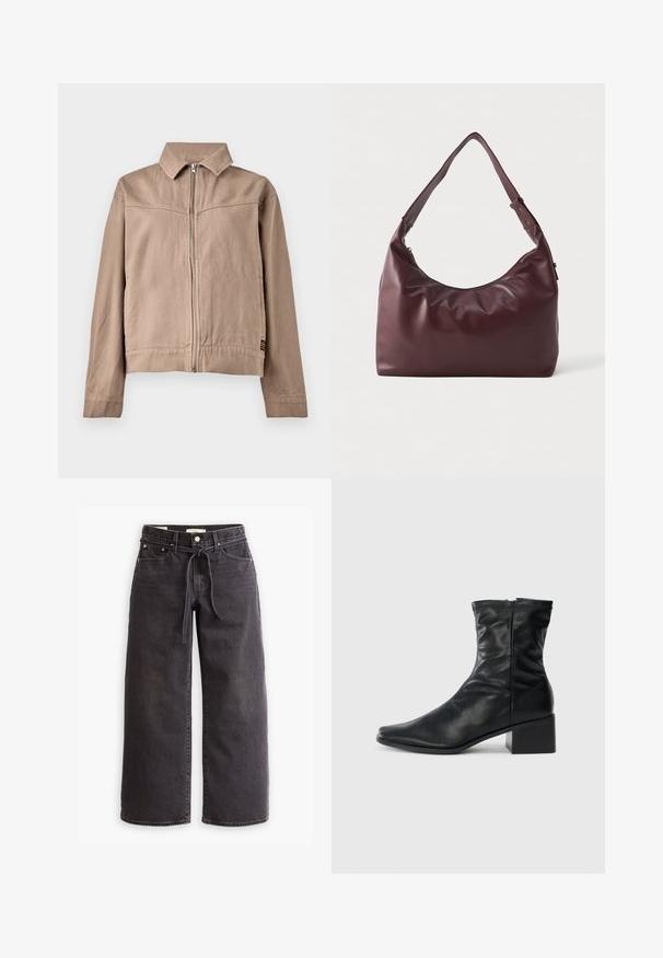 Tan cotton jacket with a collar, front zipper, and long sleeves. Features a textured fabric and a small logo tag at the hem.; Black long-sleeve turtleneck shirt made of smooth fabric; fitted design with a high collar and no visible seams. Simple, solid color.; Black wide-leg jeans made of denim, featuring a drawstring waist, five pockets, and contrast stitching details. Flat-front design.; Black mid-calf leather boot with a square toe, side zipper, and block heel on a plain white background.; Smooth burgundy leather shoulder bag with adjustable strap and zipper closure, displayed against a plain white background.