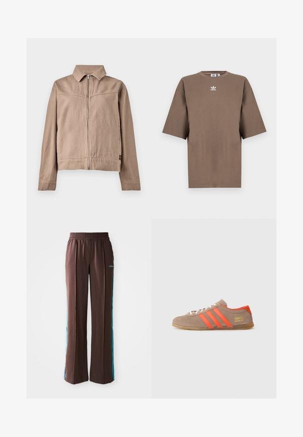 Barna pamut dzseki, gallérral, elülső cipzárral és hosszú ujjakkal. Jellemzője a texturált szövet és egy kis logócímke az alján.; Barna pamut póló rövid ujjakkal, kerek nyakkal és fehér Adidas logóval a mellkason, egyszerű dizájnnal és laza szabással.; Barna sportnadrág bordázott textúrával, rugalmas derékpánttal és türkiz oldalsávokkal. Az elején az adidas logóval rendelkezik.; Barna velúr edzőcipő három élénk narancssárga csíkkal, fűzős elülső résszel és arany "Gazelle" felirattal az oldalon. Lapos gumitalp.