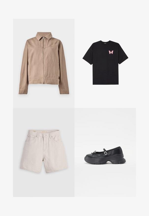 Tan cotton jacket with a collar, front zipper, and long sleeves. Features a textured fabric and a small logo tag at the hem.; Black cotton t-shirt with short sleeves, featuring a small pink butterfly graphic on the left chest. Crew neck design with a relaxed fit.; High-waisted beige denim shorts with a buttoned front, belt loops, and five-pocket design; lightweight with a smooth texture.; Black leather Mary Jane shoe with a rounded toe, bow detail, and an adjustable ankle strap. Features a chunky rubber sole with curved accents.