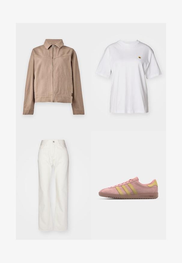 Krona krāsas kokvilnas jaka ar apkakli, priekšējo rāvējslēdzēju un garām piedurknēm. Iezīmējas ar teksturētu audumu un nelielu logo birku apakšmalā.; Balta kokvilnas T-kreklā ar brīvu piegriezumu, īsām piedurknēm un mazu izšūtu logotipu kreisajā krūtīs.; Baltās denima bikses ar augstu vidukli un plašu piegriezumu. Iezīmējas ar pogu un rāvējslēdzēja aizdari, jostu cilpiņām un smalkiem šķiedru akcentiem.; Rozā zamša sporta apavi ar trim dzeltenām svītrām, noapaļota purngalu daļa un teksturēta gumijas zole. Zems profils ar mīkstinātu apkaklīti.