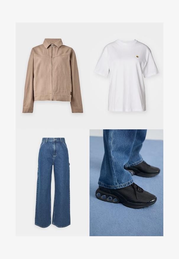 Kohvi värvi puuvillane jope, millel on krae, ees lukk ja pikad varrukad. Omab tekstuurset kangast ja väikest logo sildit allääres.; Valge puuvillane T-särk, millel on lõdva lõikega, lühikesed varrukad ja väike broderi logo vasakul rinnakarpi.; Laiene jalad sinised denim püksid kõrge vöökohaga, kontrastsete õmblustega ja küljetaskutega, klassikalise viie taskuga disainiga ja toore servaga.; Mustad mustandid jooksujalatsid, millel on võrkmaterjalist ülemine osa, tekstuuriga detailid ja nähtavad õhkpadjad tallas. Kandmine siniste teksadega.