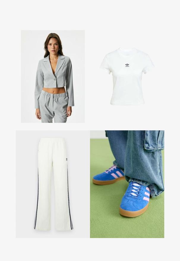Blazer gris corto con mangas largas, solapas de pico, cierre de un solo botón y un pequeño bolsillo frontal. Combinado con pantalones ajustados a juego.; Camiseta blanca de algodón con mangas cortas y cuello redondo. Presenta un logo negro de Adidas impreso en el pecho. Diseño simple y minimalista.; Pantalones de color crema claro, de tejido de punto con diseño acampanado. Presentan franjas laterales en azul oscuro y un logo de Adidas en la cadera. Cintura elástica.; Zapatos de gamuza azul con rayas rosas y cordones blancos, con una suela de goma, combinados con pantalones denim holgados sobre una superficie verde.
