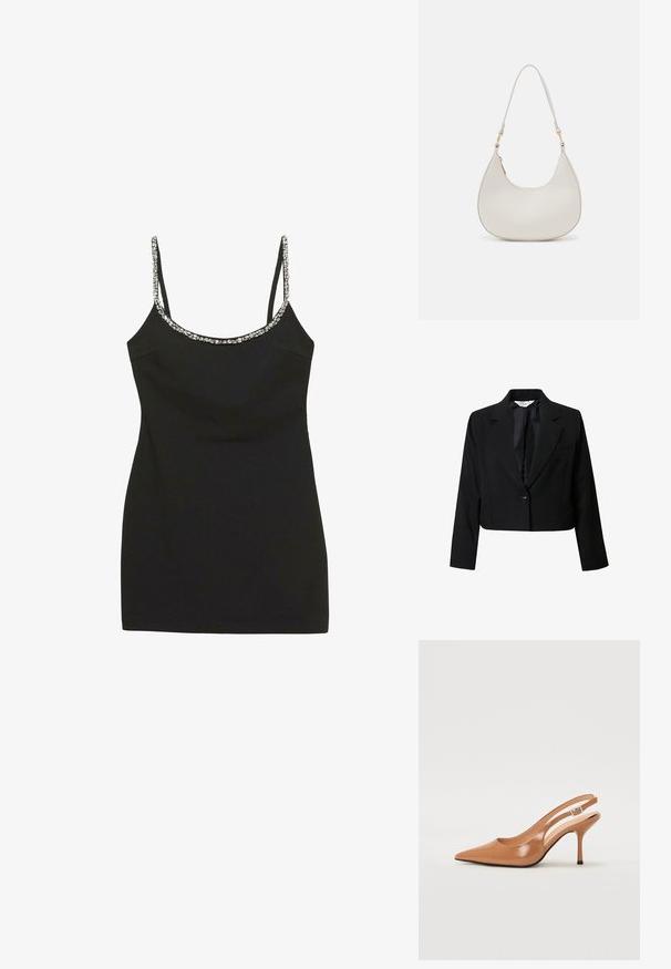 Vrouwelijke zwarte blazer met een cropped snit, gemaakt van een gladde stof. Voorzien van een enkele knoopsluiting, notch revers en een borstzak. Eenvoudig ontwerp, lange mouwen.; Zwarte mouwloze jurk met een aansluitend ontwerp, textuurstof en versierde bandjes met kleine, glanzende accenten langs de halslijn.; Puntige slingback hak in een glad, glanzend beige materiaal. Bevat een gebogen uitsnijdontwerp en een slanke stiletto hak. Zilveren gesp detail.; Crème leren schoudertas met een halve maan vorm, dunne schouderband en subtiele stiksels. Minimalistisch ontwerp met gouden hardware accenten.