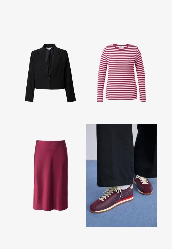 Vrouwelijke zwarte blazer met een cropped snit, gemaakt van een gladde stof. Voorzien van een enkele knoopsluiting, notch revers en een borstzak. Eenvoudig ontwerp, lange mouwen.; Langarmtop in bordeauxrood en lichtroze strepen, ribbeltextuur, ronde halslijn, getailleerd ontwerp en zachte stof.; Bordeaux satijnen rok met een gladde textuur, rechte snit, midi-lengte en een subtiele glans. Geen zichtbare patronen of hardware-details.; Bordeaux en crème sportieve schoenen met een mix van suede en glad materiaal, voorzien van een contrasterende rode accent, witte veters en een gestructureerde zool.