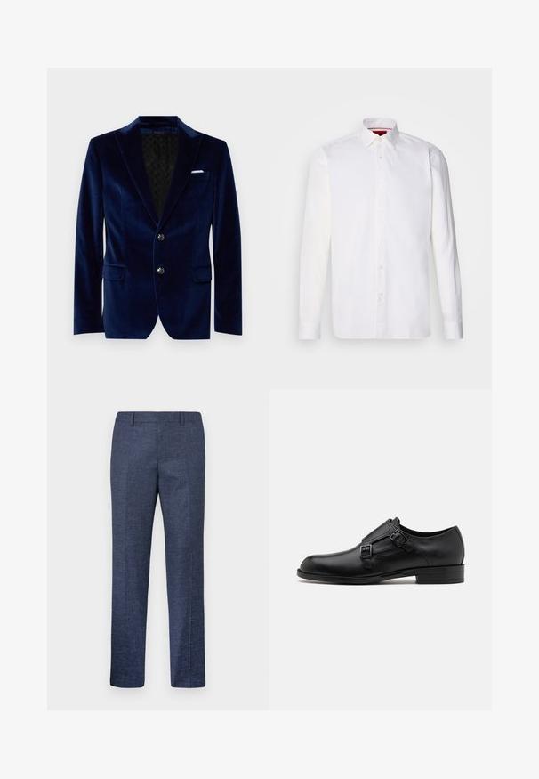 Námořnický modrý sametový blejzr so šálovým golierom, dvoma gombíkmi, prednými vreckami a vzorovaným čiernym podšívkou. Obsahuje akcent v podobe vreckového šátečku.; Biela košeľa s dlhým rukávom vyrobená z bavlny, s klasickým golierom, predným zapínaním na gombíky a hladkou textúrou. Červený detail na vnútornej strane goliera.; Námornícke modré nohavice vyrobené z textúrovanej látky, s rovnými nohavicami, plochým predkom a dvoma bočnými vreckami. Žiadne viditeľné vzory ani akcenty.; Čierne kožené spoločenské topánky s dvojitými prackami, elegantným siluetou a okrúhlou špičkou. Majú nízky opätok a hladký povrch.