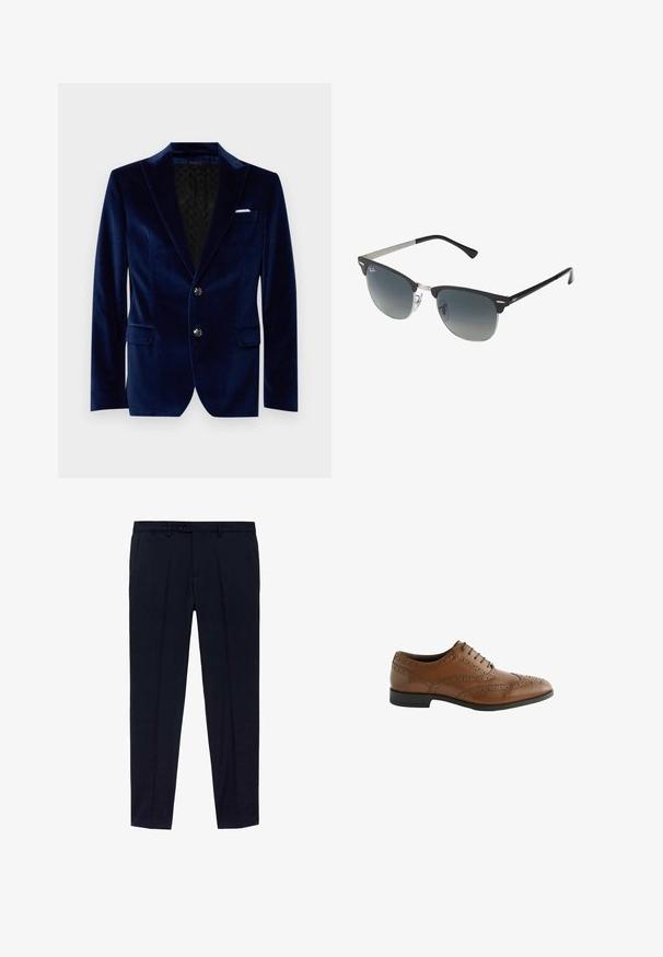 Granatowy aksamitny żakiet z kołnierzem typu szal, dwoma guzikami, przednimi kieszeniami i wzorzystą czarną podszewką. Posiada akcent w postaci chusteczki w kieszeni.; Jasnoniebieska, w paski, koszula z długim rękawem, z białym kołnierzykiem i mankietami, z zapięciem na guziki z przodu i zaokrąglonym dolnym brzegiem. Gładka tekstura materiału.; Granatowe spodnie z gładkim przodem, wykonane z gładkiego materiału. Zawierają dwa boczne kieszenie oraz zamek błyskawiczny z zapięciem na guzik.; Brązowe skórzane buty formalne z misternym detalem broguing, okrągłym noskiem i płaskim obcasem. Posiadają pięć otworów na sznurówki i gładką teksturę.; Czarno-srebrne okulary przeciwsłoneczne w kształcie kociego oka, z gradientowymi soczewkami i metalowymi akcentami na oprawie. Plastikowe ramiona z szarymi końcówkami.