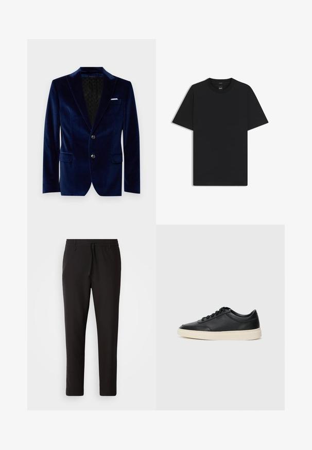 Granatowy aksamitny żakiet z kołnierzem typu szal, dwoma guzikami, przednimi kieszeniami i wzorzystą czarną podszewką. Posiada akcent w postaci chusteczki w kieszeni.; Czarny t-shirt krótki rękaw wykonany z gładkiej mieszanki bawełny, z okrągłym dekoltem i minimalistycznym designem bez wzorów czy akcentów.; Czarne spodnie dresowe wykonane z gładkiego materiału. Posiadają elastyczny pas ze sznurkiem, zwężane nogawki oraz brak widocznych kieszeni. Prosty design.; Czarne niskie skórzane sneakersy z czarnymi sznurówkami i off-white podeszwą, prezentowane w profilu bocznym na białym tle.
