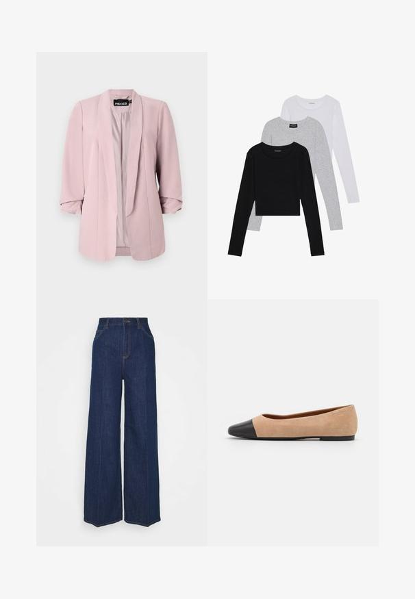 Světle růžový blazer vyrobený z hladkého materiálu, s šálem límcem, nahoře ohrnutými rukávy a předními důlky. Vnitřek je podšitý ve stejném odstínu.; Tři trička s dlouhým rukávem naskládaná na sobě: černé, šedé a bílé. Každé má kulatý výstřih a kratší střih z hladkého, lehkého materiálu.; Široké tmavě modré džíny s vysokým pasem, předními a zadními kapsami, zapínáním na knoflík a viditelnými švy.; Béžové semišové baleríny s černou koženou kulatou špičkou, nízkým podpatkem a hladkým povrchem, s minimálním prošíváním a čistým designem.