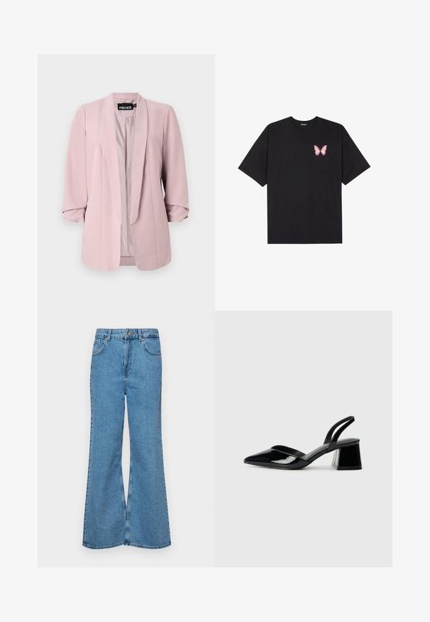 Világos rózsaszín blazer sima anyagból, sálgallérral, felgöngyölt ujjakkal és elülső darts-okkal. A belső rész illeszkedő színű béléssel van ellátva.; Fekete pamut póló rövid ujjakkal, bal mellkason egy kis rózsaszín pillangó grafikával. Kerek nyakú kialakítás, laza fazonnal.; Világoskék, trapézszárú farmernadrág, magas derékkal, öt zsebbel és egy gombos záródással. Puha tapintású, magasított effektusú anyag.; Fekete lakk bőr szandálkés magas sarkú cipő, hegyes orral és geometrikus tömbsarkakkal. Karcsú, minimalista dizájn és sima textúra jellemzi.
