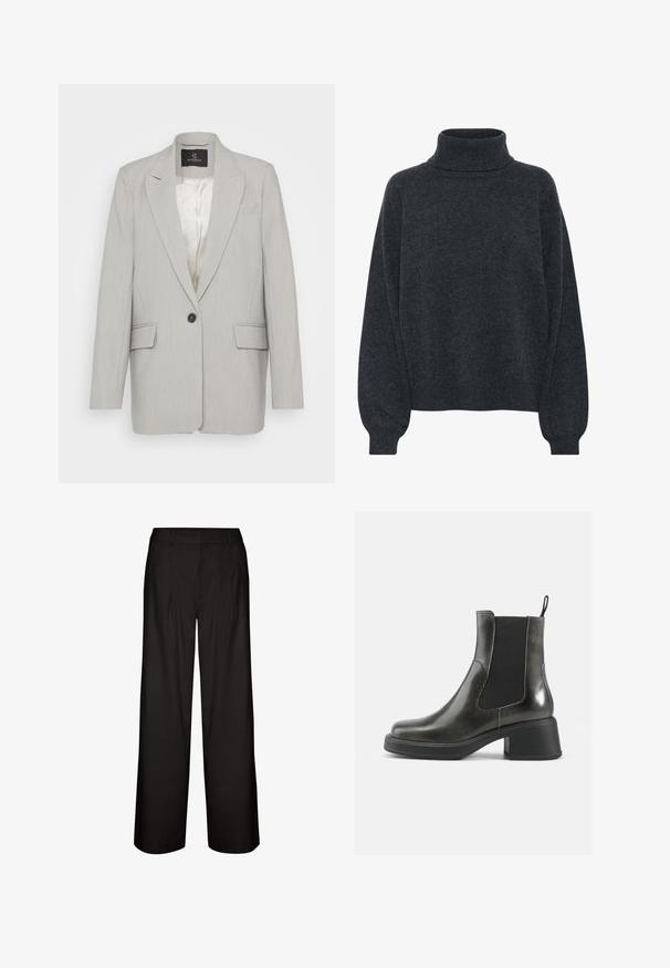 Lichtgrijze blazer van gladde stof, met een enkele zwarte knoopsluiting, twee voorzakken en notch revers. Voering aan de binnenkant.; Gestuz MANZI ROLLNECK - Trui - deep graphite; Zwarte wijde broek met plooien, gemaakt van lichtgewicht stof. Heeft een fijne textuur en een rechte snit van taille tot manchetten.; Zwarte leren enkellaarzen met een gladde afwerking, elastische zijpanelen en een zware hak. Voorzien van een lus voor gemakkelijker aan- en uittrekken.