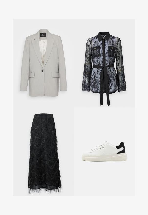 Blazer gris claro hecho de tela suave, con un cierre de botón negro, dos bolsillos frontales y solapas con muesca. Interior forrado.; Blusa de encaje negro con mangas largas, bolsillos en el pecho con botón, cuello clásico y un cinturón de tela atado a la cintura. Diseño transparente.; Falda midi negra con flecos en capas y patrones de ondas. Fabricada con material transparente y acentos brillantes a lo largo de los bordes.; Zapatillas blancas de cuero con una suela blanca gruesa, acento en el talón de ante negro y logo grabado en el lateral. Diseño de cordones con seis ojales.