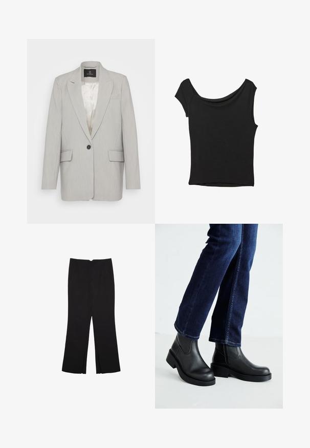 Svetlo siva blejzer iz gladkega materiala, z enojnim zapiranjem na črn gumb, dvema sprednjima žepoma in zareznimi klapnicami. Podložen notranji del.; Črna kratka majica s kratkimi rokavi iz gladkega blaga; ima drapiran izrez in asimetrično spodnjo rob, s prilegnjenim telesom.; Črne hlače ravnega kroja z naglavnimi žepi in stranskimi razporki na robu. Narejene iz mehke, gladke tkanine. Primerne za različne priložnosti.; Črne usnjene gležnjarje z debelim podplatom in stranskimi elastičnimi paneli, v kombinaciji s temno modrimi kavbojkami. Tla so svetle barve.