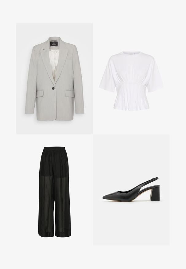 Lichtgrijze blazer van gladde stof, met een enkele zwarte knoopsluiting, twee voorzakken en notch revers. Voering aan de binnenkant.; Witte top met korte mouwen van zachte stof, voorzien van een ronde halslijn en geplooide details bij de taille voor een getailleerde look.; Zwarte broek met wijde pijpen van doorschijnende stof, met een elastische tailleband en een trekkoord voor een verstelbare pasvorm en een soepele textuur.; Zwarte leren slingback pump met een spitse neus, een uitgesneden ontwerp en een stevige blokhak. Glad textuur met een minimalistische esthetiek.