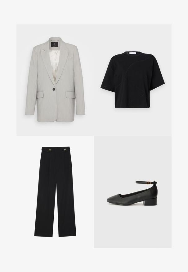 Lys grå blazer laget av glatt stoff, med en enkelt svart knappelukking, to frontlommer og notch-lapper. Fôret innside.; Svart T-skjorte med korte ermer og rund hals, med subtile, buede sømmer og en avslappet, boksformet passform. Laget av bomull.; Svart vide bukser med høy midje, knappdetaljer på midjebåndet og frontplisser.; Sorte skinnpumper med spiss tå og lav blokkhelt. Har ankelrem med gullfarget spenne. Glatt tekstur.