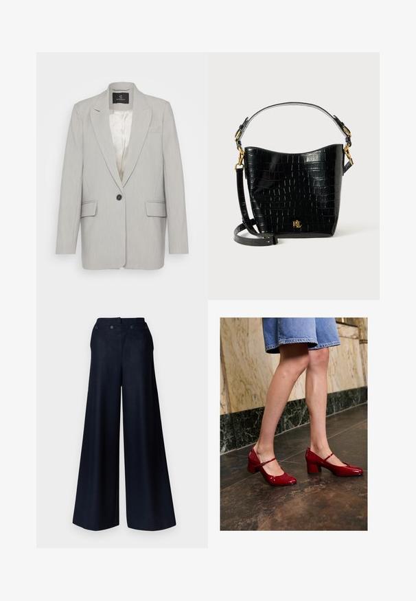 Világosszürke blézer sima anyagból, egyetlen fekete gombos záródással, két elülső zsebbel és hajlított kigyártott gallérral. Bélelt belső.; Fekete ujjatlan pamut pulóver kerek nyakkivágással. Az alján bal oldalon egy kis fehér logó található, és bordázott díszítéssel rendelkezik.; Sötét tengerészkék anyagból készült, bőszárú nadrág, magas derékkal, két elülső zsebbel és struktúrált gombos záródással, amely testre szabott illeszkedést biztosít.; Személy fényes piros Mary Jane blokk sarkú cipőben és kék farmer szoknyában áll egy sötét csempe padlón, közel egy márványfalhoz.; Fekete krokodil bőrhatású táska ívelt formával, arany színű fémalkatrészekkel, állítható pánttal és logó részlettel elöl.