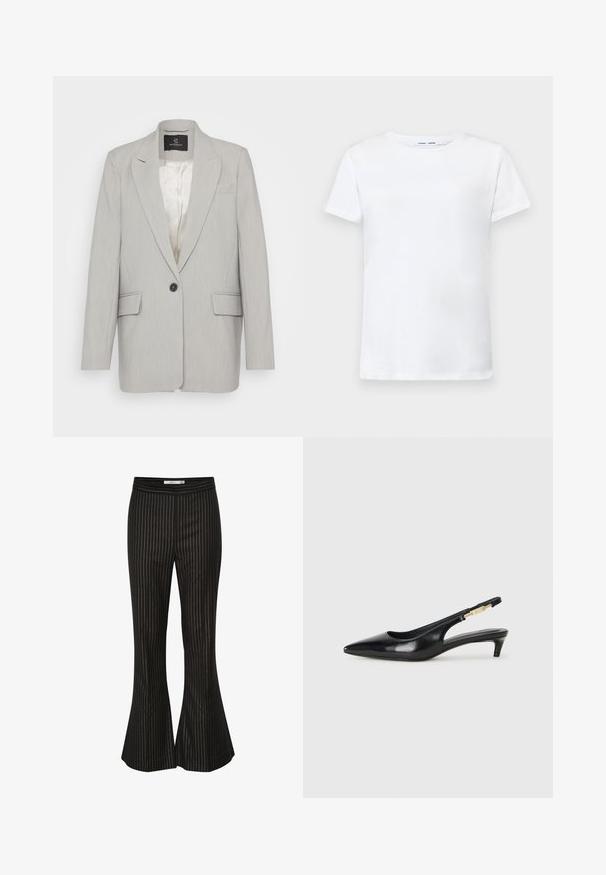 Lichtgrijze blazer van gladde stof, met een enkele zwarte knoopsluiting, twee voorzakken en notch revers. Voering aan de binnenkant.; Witte korte mouwen t-shirt van katoen met een ronde hals. Soepele textuur en rechte snit, zonder patronen of accenten.; Zwarte flared broeken met witte verticale streepjes, met een zachte textuur en een aangesloten taille, ontworpen voor een getailleerde pasvorm.; Zwarte leren slingback hakken met een spitse neus, voorzien van een slanke hak en een goudkleurige accent op de verstelbare band. Gladde textuur.