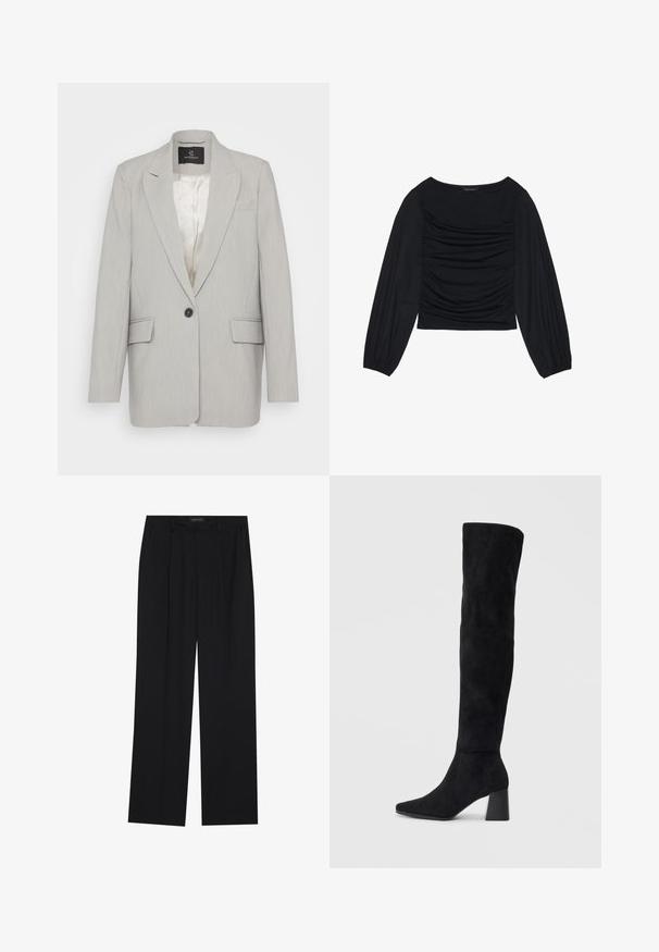 Šviesiai pilkas švarkas, pagamintas iš lygios medžiagos, su vienu juodu mygtuku, dviem priekinėmis kišenėmis ir įpjovomis apykaklėmis. Iškelta vidinė dalis.; Juodas ilgomis rankovėmis viršus, su surinkta medžiaga priekyje ir ant riešų, pagamintas iš minkštos, elastingos medžiagos, su laivagalio kaklu.; Juodos kelnes su tiesiomis sijonais, turinčios dvi priekinės kišenės ir juosmenį. Pagamintos iš lygios, lengvos medžiagos.; Juoda zomšinė kelio ilgio batai su blokuotu kulnu, smailiu nosiu ir lygiu, be siūlių dizainu ant paprastos šviesios fono.