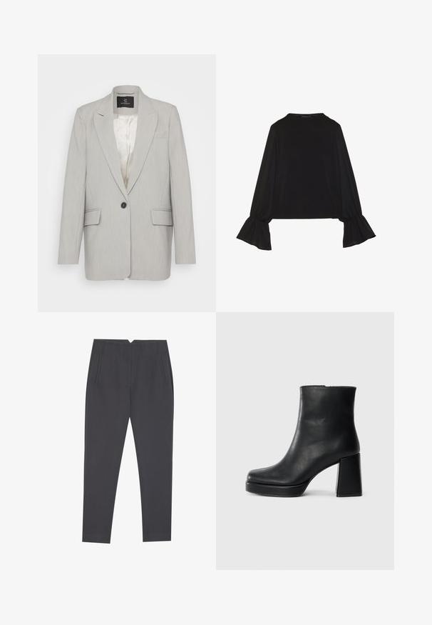 Hellgrauer Blazer aus glattem Stoff, mit einem einzelnen schwarzen Knopfverschluss, zwei Vorderaschen und Reverskragen. Gefüttertes Innenfutter.; Schwarz langärmliges Oberteil mit ausgestellt geschnittenen Bündchen, weicher Textur und entspannter Passform, mit einem schlichten runden Halsausschnitt.; Dunkelgraue, taillierte Hose mit seitlichen Taschen und vorderen Falten, entworfen für eine maßgeschneiderte Passform.; Schwarze Leder-Stiefelette mit Blockabsatz und Plattformsohle, seitlich auf einem schlichten weißen Hintergrund betrachtet.