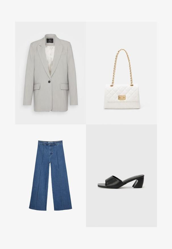 Vaaleanharmaa bleiseri, joka on valmistettu sileästä kankaasta. Siinä on yksi musta napitus, kaksi etutaskua ja lovetut kaulukset. Vuorattu sisustus.; Valkoinen t-paita ribbikankaasta, jossa on leveä pyöreä pääntie ja lyhyet hihat. Yksinkertainen malli ilman kuvioita tai koristeita.; Korkeat vyötäröiset, keskisiniset, leveiden lahkeiden denim-farkut, joissa on nappikiinnitys ja kontrastiväriset pystysaumadetaileja edessä.; Musta kiilakorko sandaali, jossa on sileä tekonahka yläosa, avonainen varvas muotoilu ja erottuva kulmikas korko. Minimalistinen neliönmuotoinen pohja.; Valkoinen päällystetty käsilaukku, jossa on kultaketju ja suorakulmainen solki. Ominaisuuksiin kuuluu sileä pinta ja geometrinen ompelukuosi.