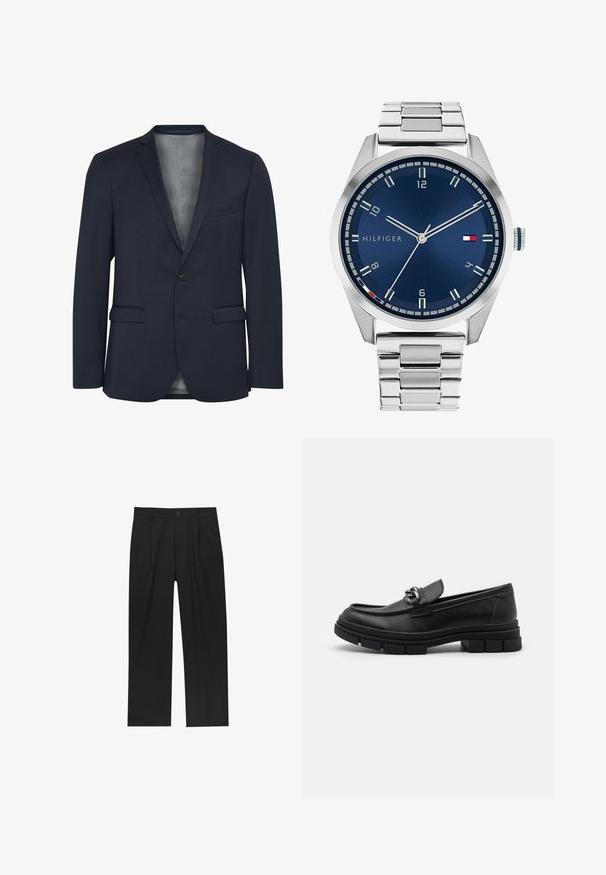 Morski blejzer iz teksturirane tkanine, z enim gumbom spredaj, dvema sprednjima žepoma in gladkim sivim podloženjem. Zanimiv je po svojem krojenju.; Nabor osmih črnih bombažnih majic s kratkimi rokavi in okroglim izrezom, ki imajo preprost dizajn in mehak otip.; Črne hlače z ravnim krojem, narejene iz gladkega materiala. Imajo sprednje gube in enojno zaponko na pasu.; Črni usnjeni loaferji z zaobljenim nosom, dekorativnim trakom in dodatki ter debelim teksturiranim podplatom. Gladek zaključek s subtilnimi detajli.; Srebrna kovinska ura z brušenim modrim številcem, belimi številčnicami in prikazom datuma. Ima povezano kovinsko zapestnico in logotip blagovne znamke.