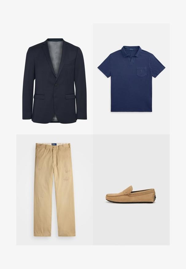 Jūrinis švarkas, pagamintas iš tekstūruotos medžiagos, su vienu mygtuku priekyje, dviem priekinėmis kišenėmis ir lygia pilka pamušalą. Išsiskiria savo pritaikytu dizainu.; Tamsiai mėlynas polo marškinėlis iš medvilnės, turintis sulenktą apykaklę, trumpas rankoves ir krūtinės kišenę su mažu logotipo detalumu.; Braški medvilniniai kelnės su tiesiu kirpimu. Priekyje yra dėvėti priežiūros elementai ir siuvinėjimo detalės. Klasikinis mygtuko ir užtrauktuko uždarymas.; Smėlinės zomšinės mokasinės su siūtu pirštu, lengvu uždėjimu ir juodu guminiu padu. Pusėje yra subtili ženklų identifikacija.