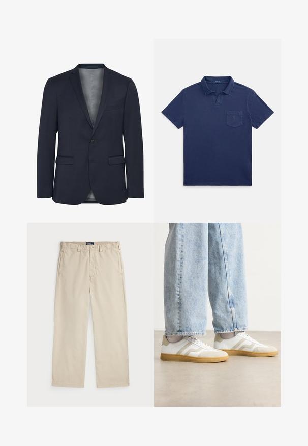 Tumesin sinine bleiser, mis on valmistatud struktureeritud kangast, ühes nupuga esitasku, kaks esistaskut ja sile hall vooder. Tuntud oma vormitud disaini poolest.; Tumesinise värviga puuvillane polosärk, millel on kokkupandav krae, lühikesed varrukad ja rinnatasku väikese logoga.; Beezist puuvillased chinos sirge säärekujundusega, millel on nupplikendus ja kaks esipocketit. Sile tekstuur ja ühtlane värv.; Valged tenniset jalatsid beeži nubukaktsentide ja heade kummitaldadega; omavad madalat disaini ja tekstuurset detailimist ülemisel osal.