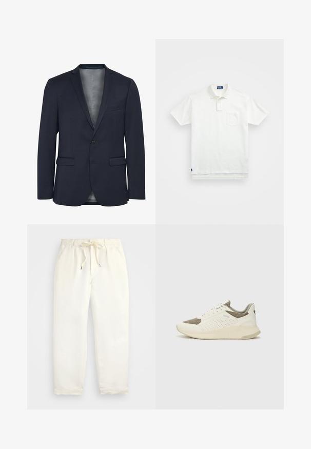 Jūrinis švarkas, pagamintas iš tekstūruotos medžiagos, su vienu mygtuku priekyje, dviem priekinėmis kišenėmis ir lygia pilka pamušalą. Išsiskiria savo pritaikytu dizainu.; Balta polo marškiniai pagaminti iš medvilnės, su klasikiniais kraštais, trijų mygtukų sprandeliu ir kairiuoju krūtinės kišeniu; mažas logotipas apačioje.; Šviesiai kreminės spalvos, laisvalaikio kelnės iš minkštos medžiagos. Turi elastinį juosmenį su raišteliais ir siaurėjantį kojų dizainą.; Baltas ir šviesiai bežinis sportinis kedas, su tinklo viršumi, perforuotais detalėmis ir tekstūruotu tarpine su logotipu ant kulno.