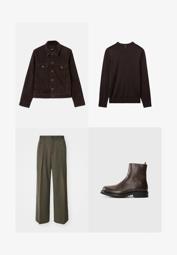 Rjava zamrznjena jakna z oprijetim krojem, gumbom spredaj, dvema prsnih žepoma in stranskima žepoma, s ovratnikom in dolgimi rokavi.; Reiss Pulover - dark bordeaux; Filippa K WIDE TROUSERS - Hlače - driftwood; Rjave usnjene gležnjarje z gladko teksturo, elastičnimi stranskimi paneli, zanko na hrbtni strani in trdno gumijasto podplatom.