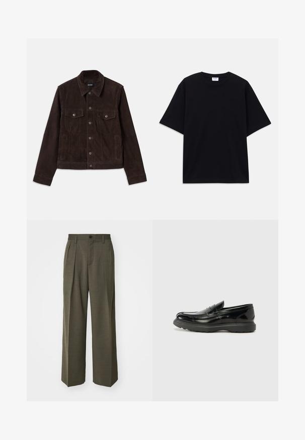 Smeđi suknjeni sako sa prilagođenim dizajnom, dugmetima sprijeda, dva džepa na prsima i bočna džepa, uz ovratnik i duge rukave.; Crna kratka oversized majica s kratkim rukavima i okruglim izrezom, s vidljivom etiketom branda Filippa K unutar ovratnika.; Filippa K WIDE TROUSERS - Hlače - driftwood; Crne kožne mokasine s sjajnom završnom obradom, okruglim vrhom, suptilnim detaljima šivanja i debelim gumenim đonom za izdržljivost.