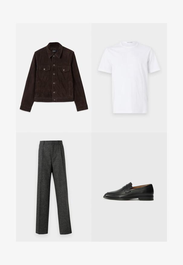 Pruun suede jakki, millel on sobiv disain, nupuga eest, kaks rinnanäppu ja külje taskud, koos krae ja pikkade varrukatega.; Valge puuvillane T-särk ümarate krae ja lühikeste varrukatega. Sile tekstuur, sirge lõige ja minimalistik disain ilma mustrite või aksessuaarideta.; Hallidehased hallid püksid tekstureeritud kangast, millel on kaks eesmist voldi ja sirge sääre disain. Pole nähtavaid taskuid ega kaunistusi.; Must musta loafers ümarate varvastega, peene tikandiga ja madala kontsaga, millel on sile tekstuur ja minimalistlik disain.