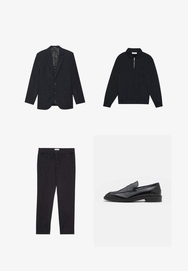 Melnā žakete, izgatavota no teksturēta auduma, ar izgrieztu olu, divām priekšējām kabatām, diviem pogām un rakstainu iekšējo oderi.; Pier One Ikdienas džemperis - black; Melni kokvilnas bikses ar šauru piegriezumu, kurām ir divas sānu kabatas un priekšējā pogu aizdare. Tekstūrēta auduma ar smalku detalizāciju.; Melnas ādas loafers ar gludu virsmu, ar noapaļotu purngalu un šauru joslu pāri augšdaļai. Zems kaudzes papēdis.