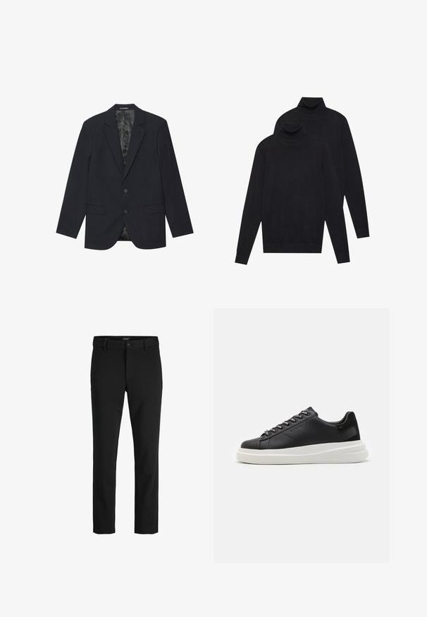 Schwarzer Blazer aus strukturiertem Stoff, mit Reverskragen, zwei Fronttaschen, zwei Knöpfen und einem gemusterten Innenfutter.; Zwei schwarze, langärmelige Rollkragenpullover, schlicht gestrickt, übereinander gestapelt, wobei einer leicht hinter dem anderen auf einem weißen Hintergrund liegt.; Schwarze Hosen aus glattem Stoff, mit klassischem Design, geradem Schnitt, vorderer Knopfverschluss und seitlichen Taschen.; Schwarze Ledersneaker mit einer weißen Gummisohle, ausgestattet mit flachen Schnürsenkeln und markierten Ösen. Weiche Textur mit einem kontrastierenden Seitenakzent.