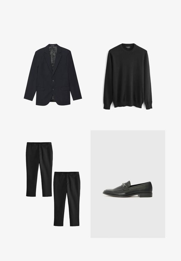 Zwarte blazer van textuurstof, met een notch-kraag, twee voorzakken, twee knopen en een patroonvoering.; Zwarte gebreide trui met lange mouwen, ronde halslijn en geribde manchetten en zoom. Soepele textuur zonder zichtbare patronen of accenten.; Zwarte, op maat gemaakte broeken met een soepele textuur, voorzien van een recht gesneden pijp en een middelhoog taille. Twee paar getoond, waarvan één cropped.; Zwarte leren instapper met een gladde afwerking, voorzien van een gestikt ontwerp en een decoratieve metalen kettingaccent over de wreef. Platte hak.